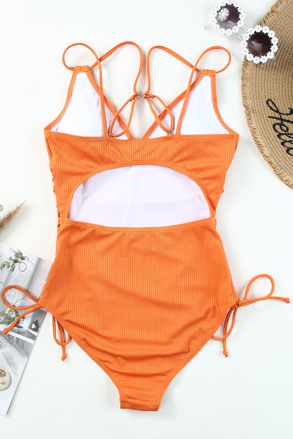 Orange Adjustable Straps Ribbed Knit One Piece Swimsuit-Bella Boutique Collective