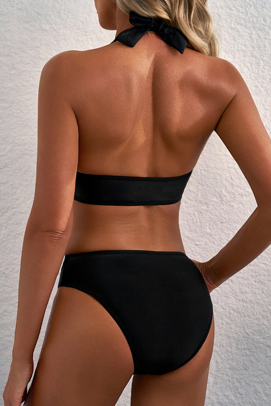 Black Sheer Mesh Edged Halter V Neck Push Up Bikini-Bella Boutique Collective