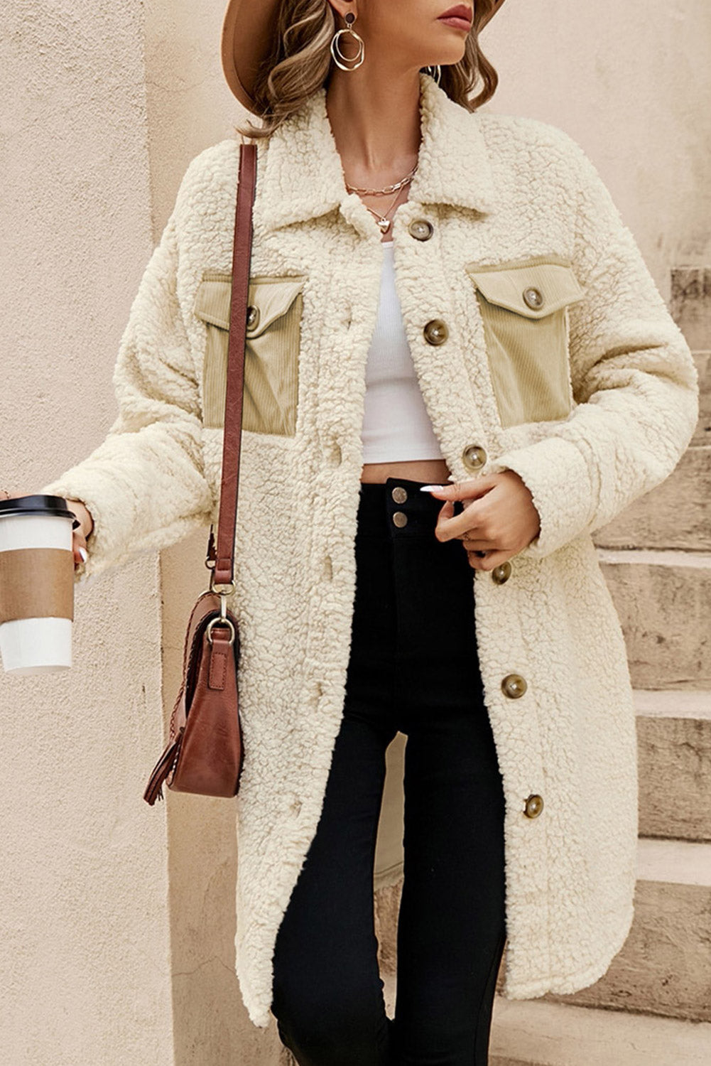 Beige Contrast Flap Pocket Single Breasted Teddy Coat-Bella Boutique Collective