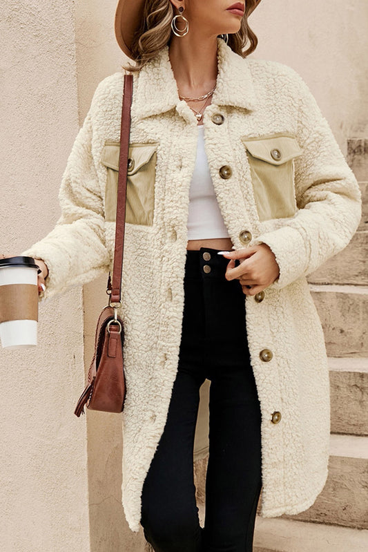 Beige Contrast Flap Pocket Single Breasted Teddy Coat-Bella Boutique Collective