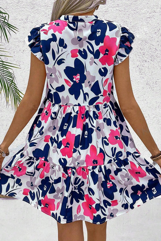 Fashion Floral Print Notched Neck Flutter Sleeve Mini Dress-Bella Boutique Collective