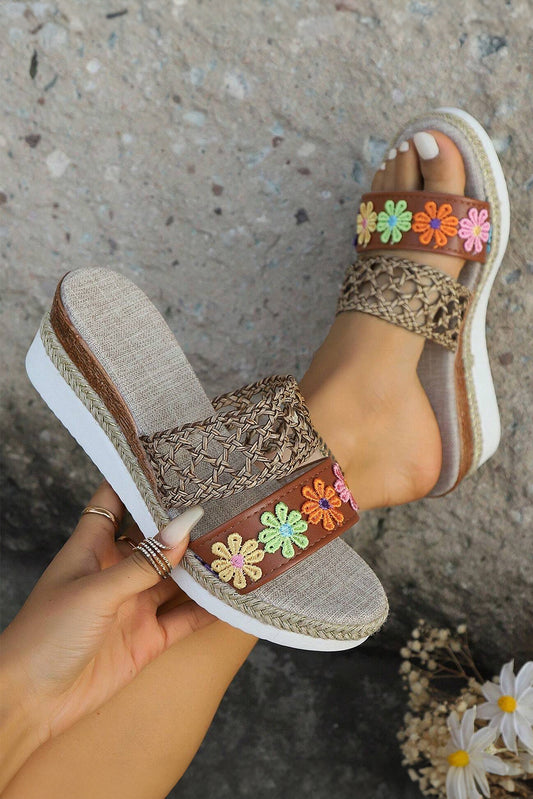 White Floral Print Braided Details Wedge Slippers-Bella Boutique Collective