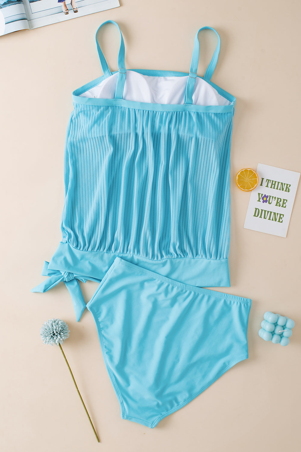 Turquoise Striped Mesh Knotted Hem Tankini Swimsuit-Bella Boutique Collective