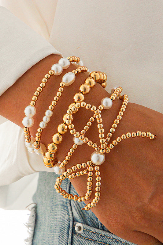 Gold Bow Knot Pearl Beaded Multi Layered Bracelet Set-Bella Boutique Collective