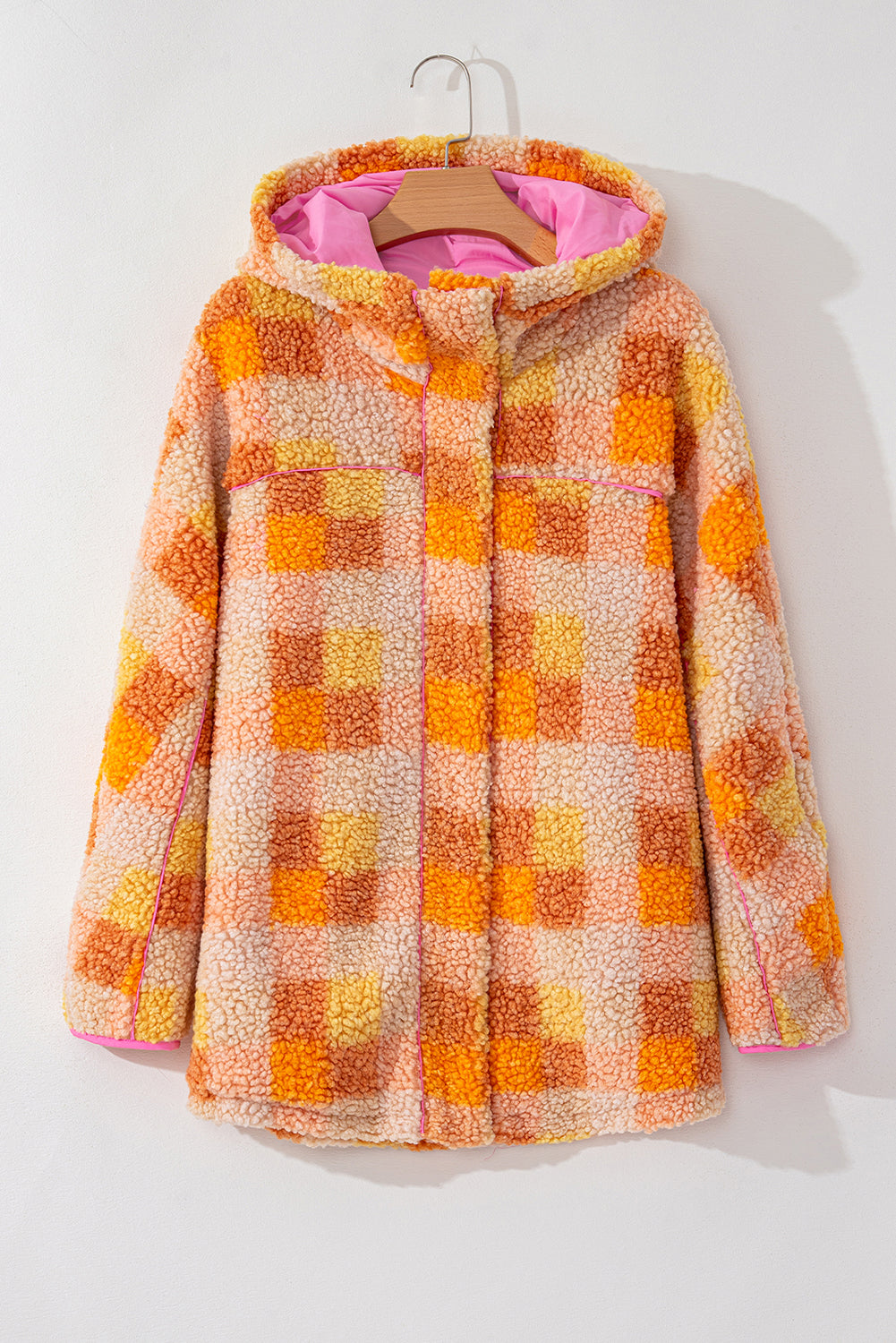 Orange Checkered Sherpa Hooded Jacket-Bella Boutique Collective