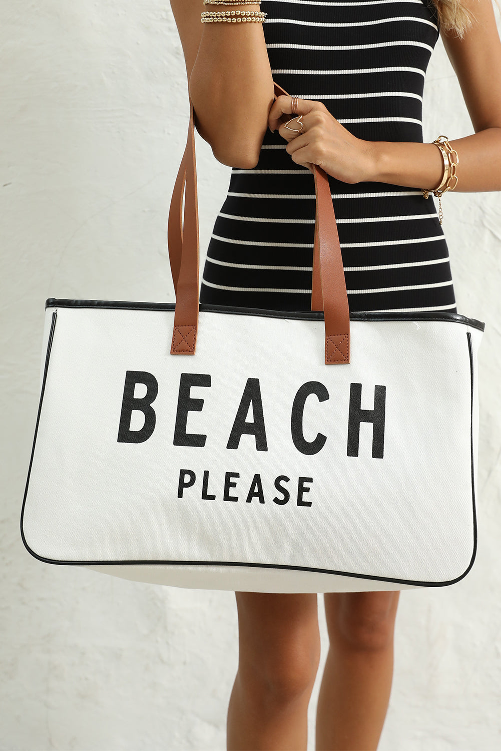 White BEACH PLEASE Print Large Canvas Tote Bag-Bella Boutique Collective