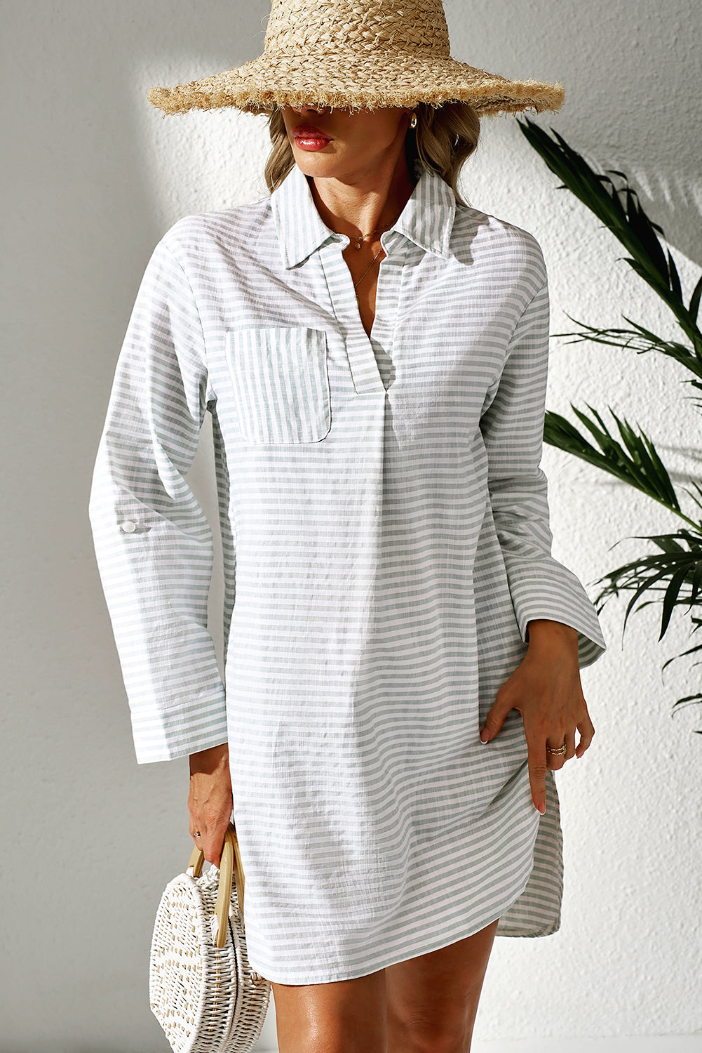 White Stripe Collared V Neck Chest Pocket Long Sleeve Beach Cover up-Bella Boutique Collective