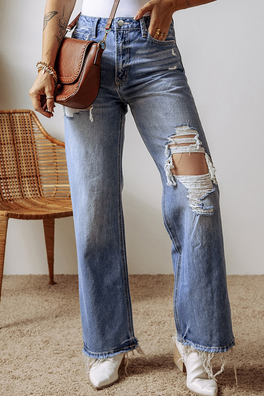 Ashleigh Blue Distressed Raw Hem Straight Leg High Waist Jeans-Bella Boutique Collective