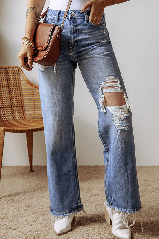 Ashleigh Blue Distressed Raw Hem Straight Leg High Waist Jeans-Bella Boutique Collective