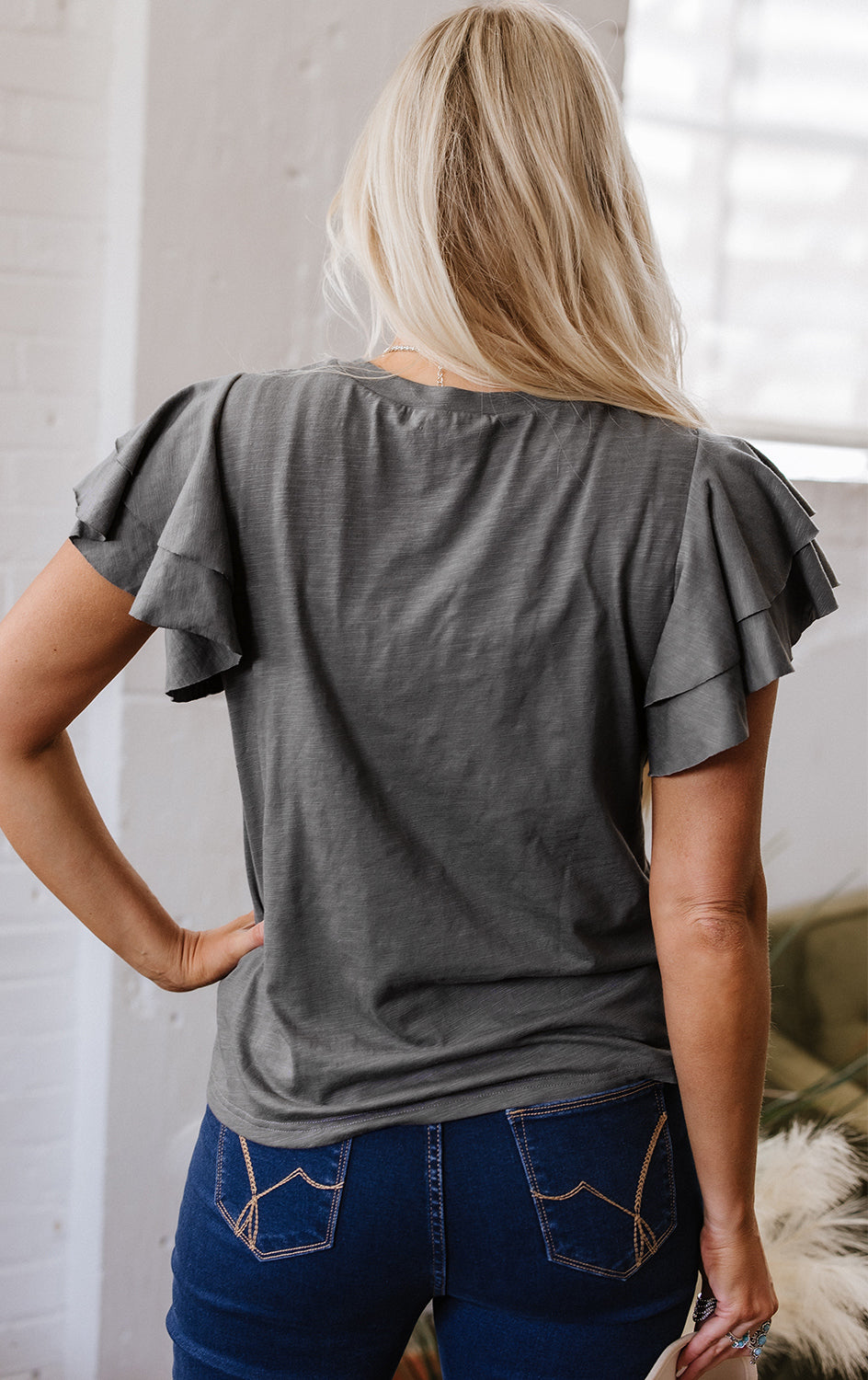 Dark Grey Layered Ruffle Short Sleeve Round Neck Top-Bella Boutique Collective