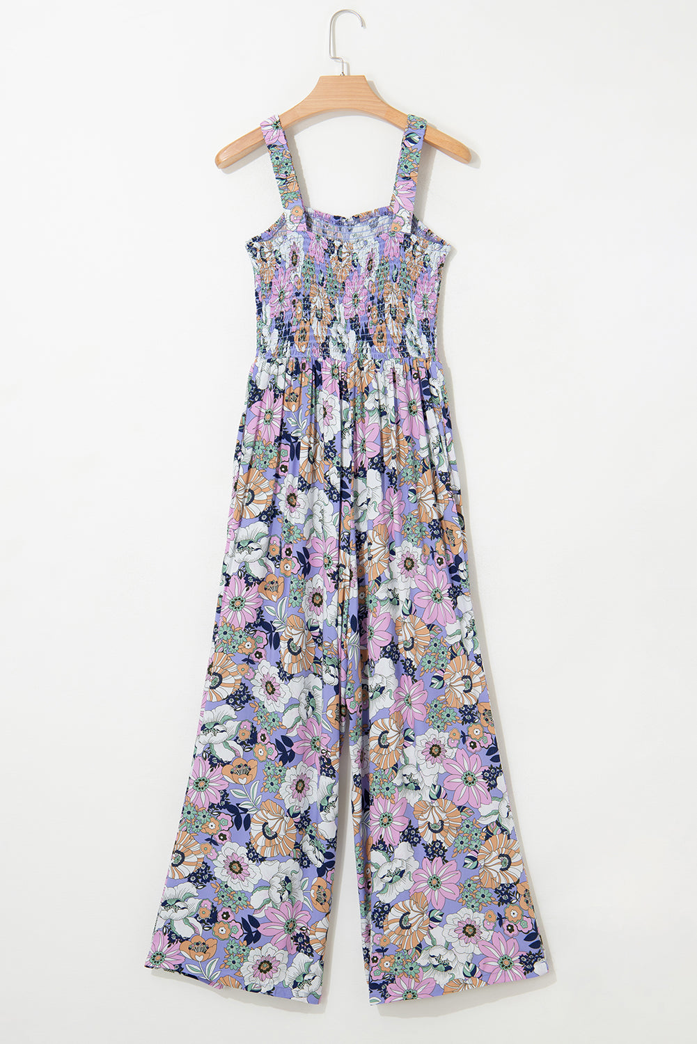Purple Floral Print Smocked High Waist Square Neck Jumpsuit-Bella Boutique Collective