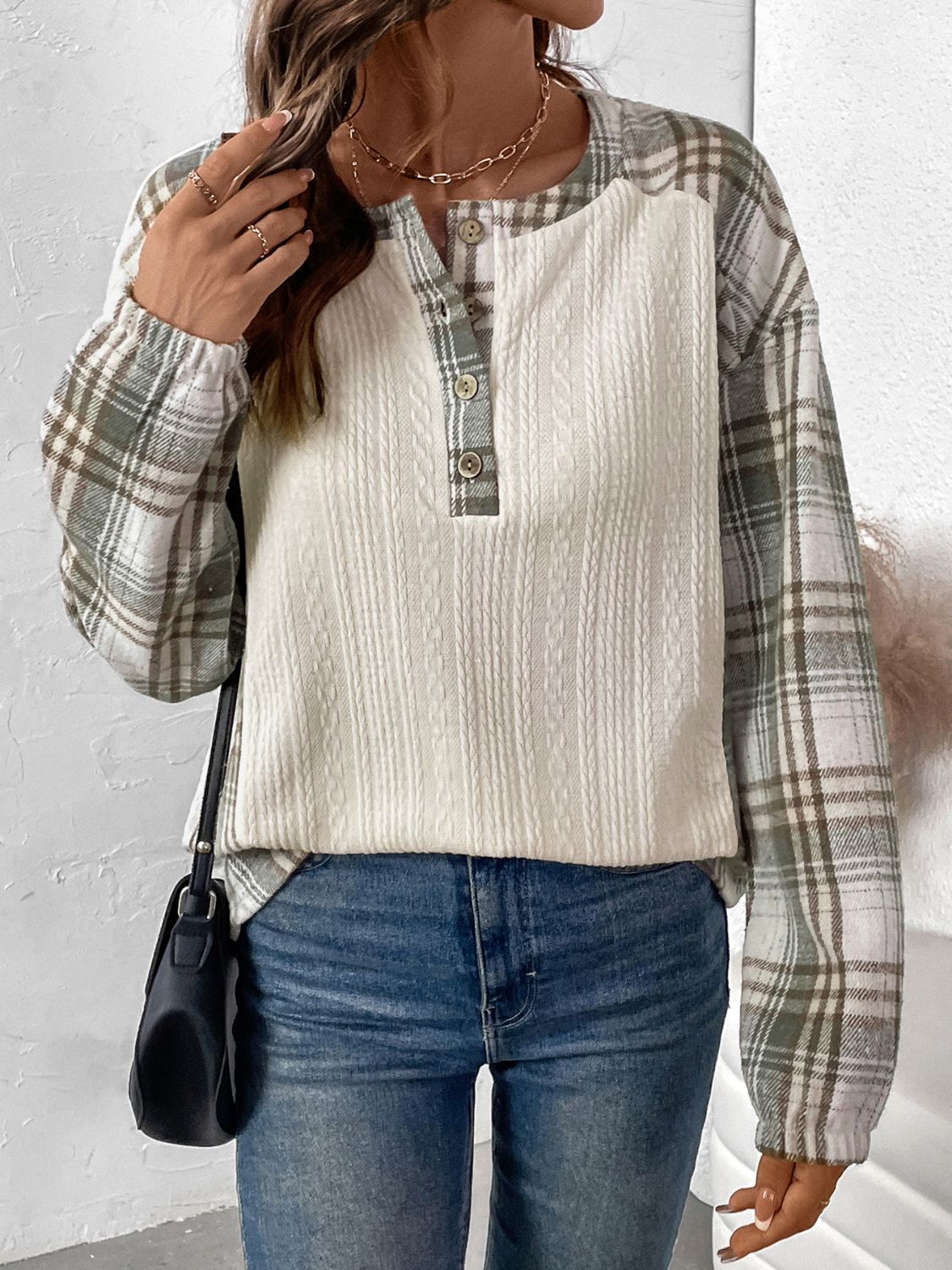 Perfee Plaid Half Button Long Sleeve T-Shirt-Bella Boutique Collective