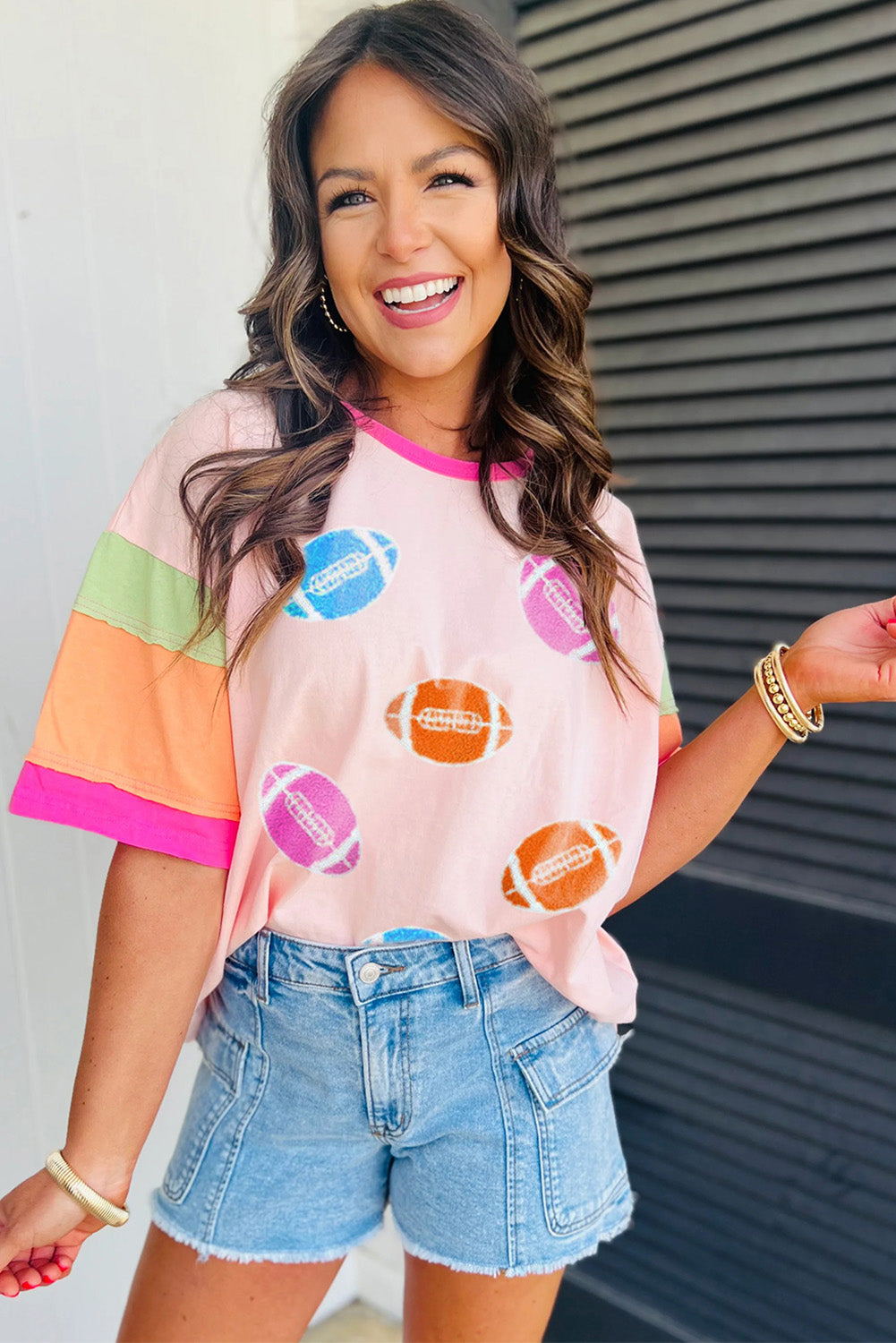 Pink Rugby Chenille Embroidered Color Block Half Sleeve T Shirt-Bella Boutique Collective