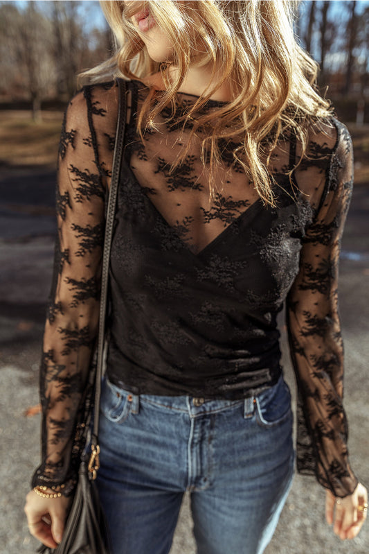 Black Lace Mesh Crochet Splicing Slim Fit Long Sleeve Blouse-Bella Boutique Collective