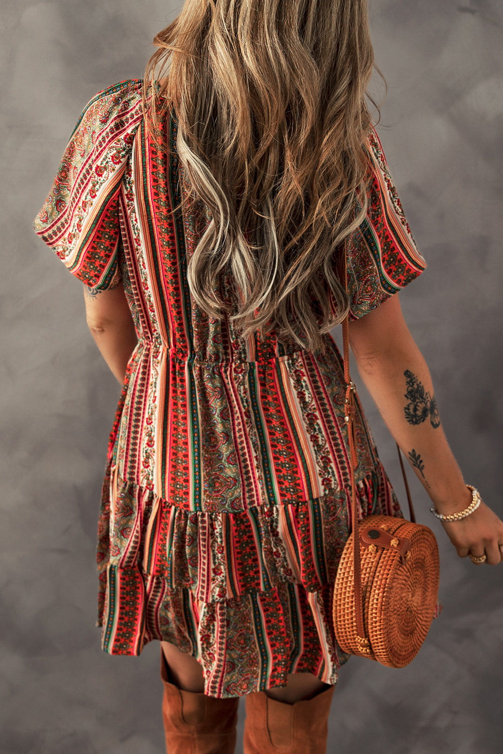 Red Bohemian Floral Print Buttoned V Neck Ruffle Tiered Dress-Bella Boutique Collective