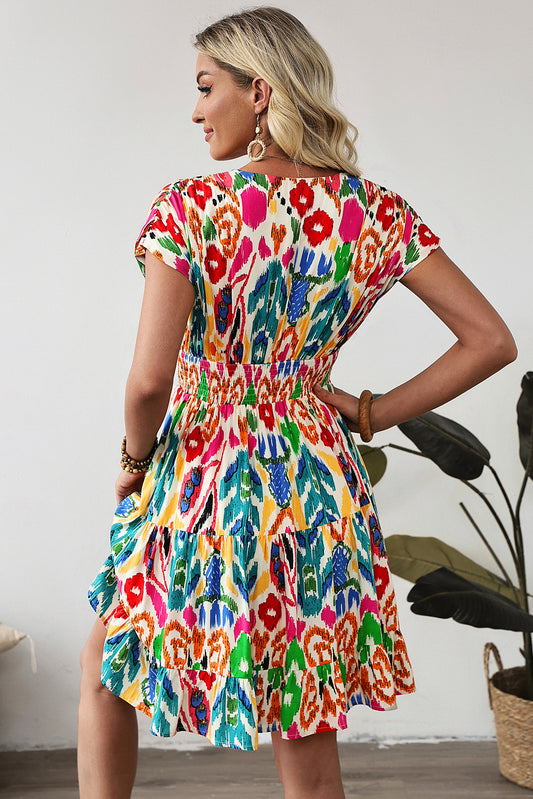 Sky Blue Abstract Print V Neck Dolman Sleeve Ruffle Tiered Mini Dress-Bella Boutique Collective