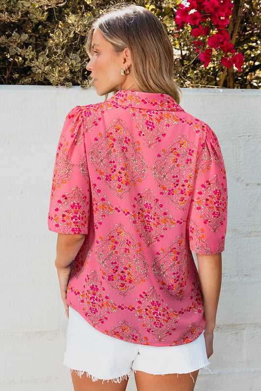 Rose Red Floral Print Wide Short Sleeve Loose Shirt-Bella Boutique Collective