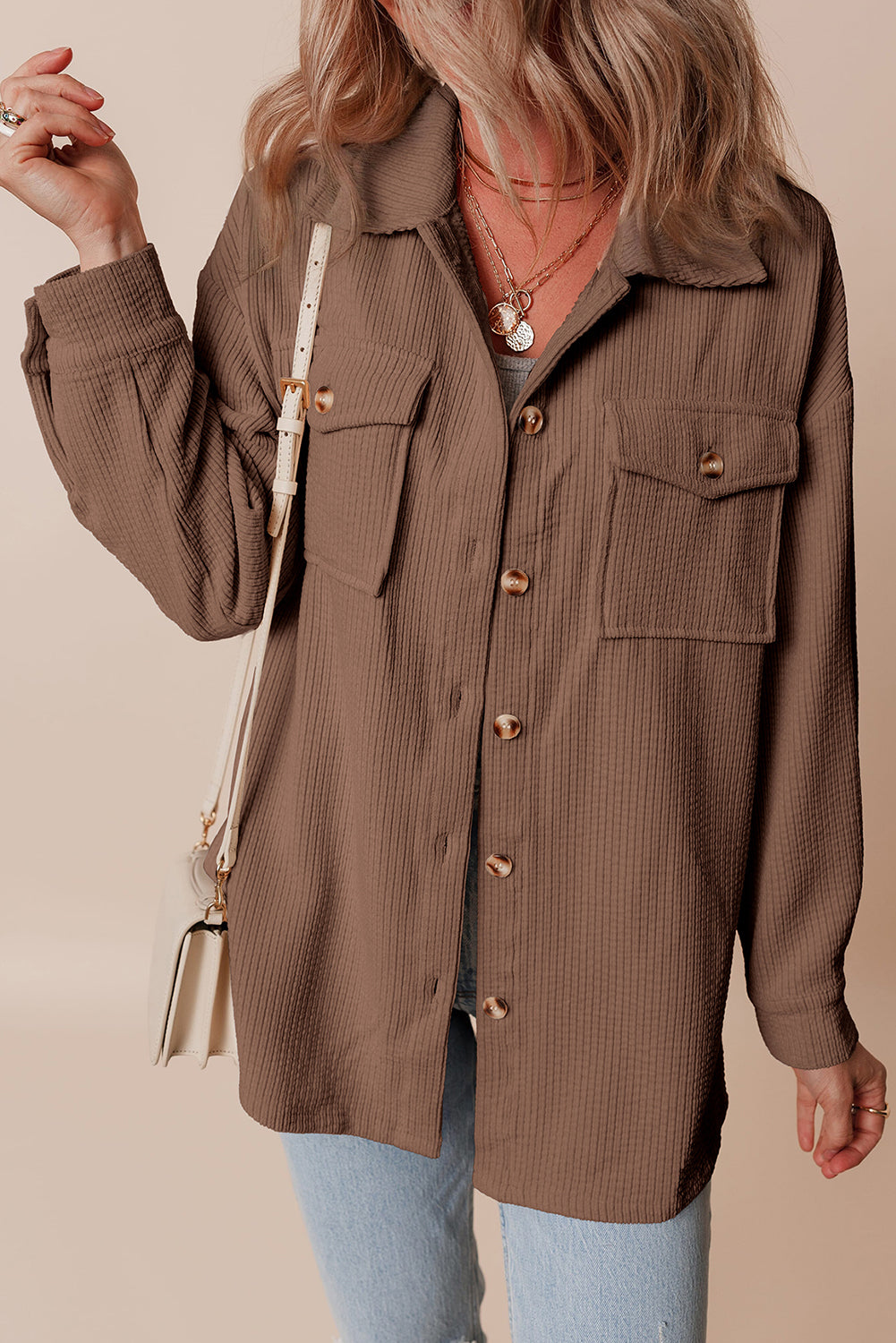 Chestnut Corduroy Flap Pocket Button Up Shacket-Bella Boutique Collective