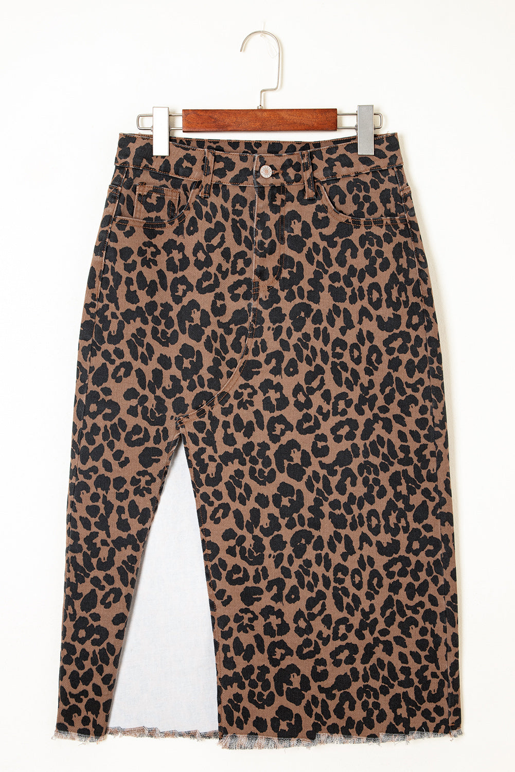 Brown Leopard Denim Frayed Split Denim Midi Skirt-Bella Boutique Collective