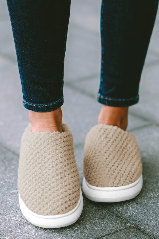 Pale Khaki Two-tone Knitted Warm Homewear Slippers-Bella Boutique Collective
