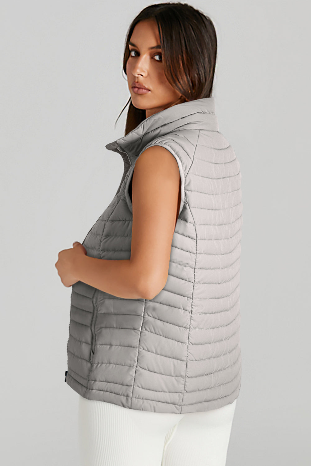 Silvery Plush Collared Quilted Zipped Puffer Vest-Bella Boutique Collective