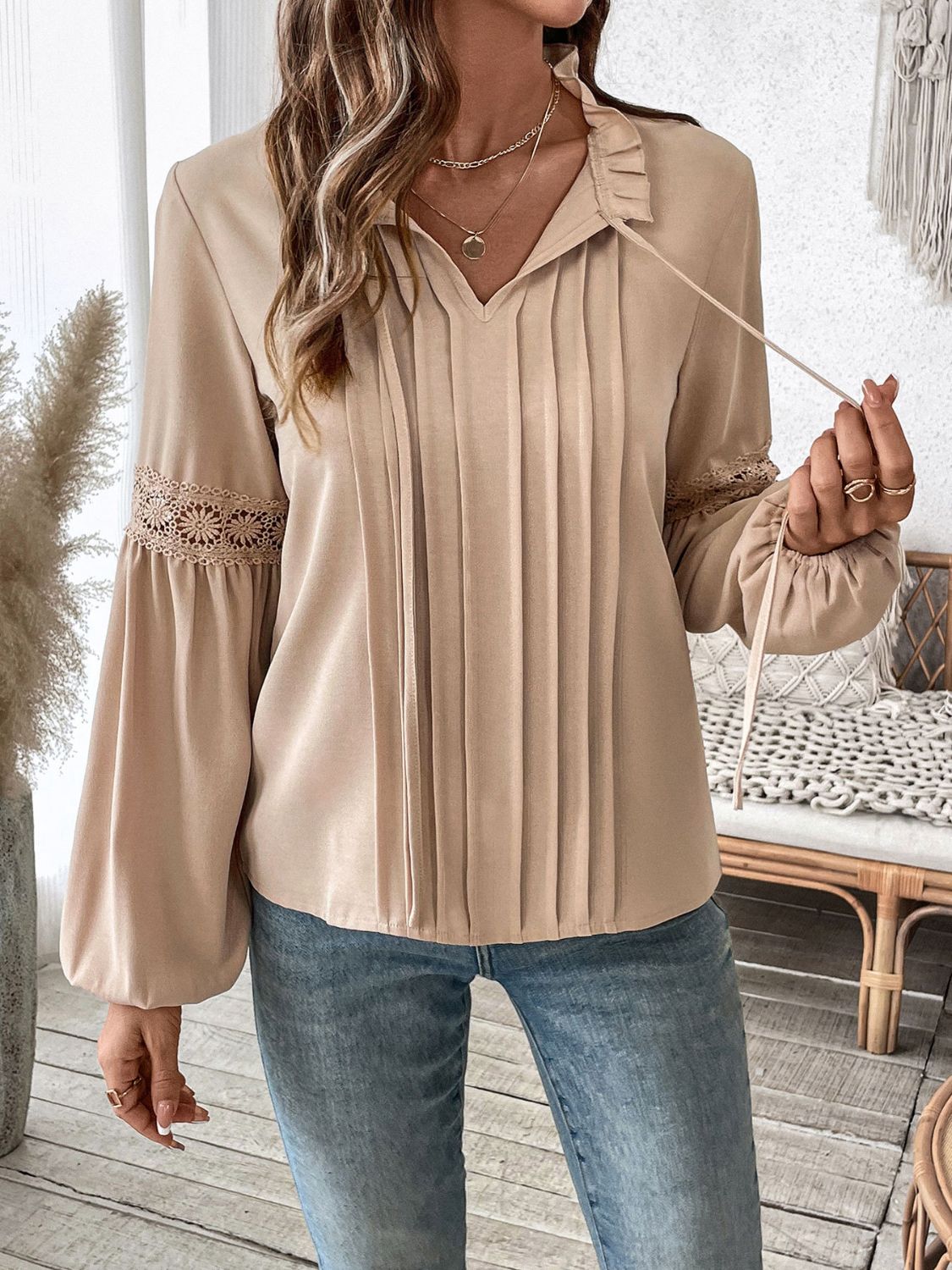 Perfee Frill Tie Neck Long Sleeve Blouse-Bella Boutique Collective