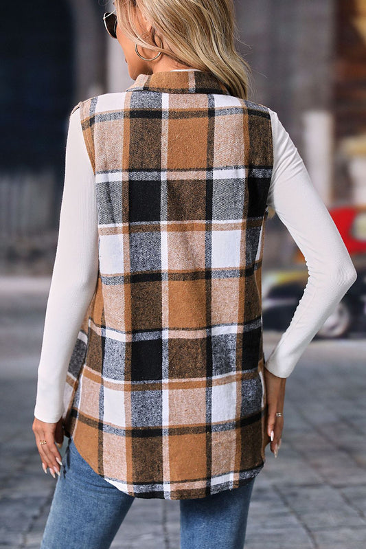 Straw Yellow Retro Plaid Button up Collared Vest-Bella Boutique Collective