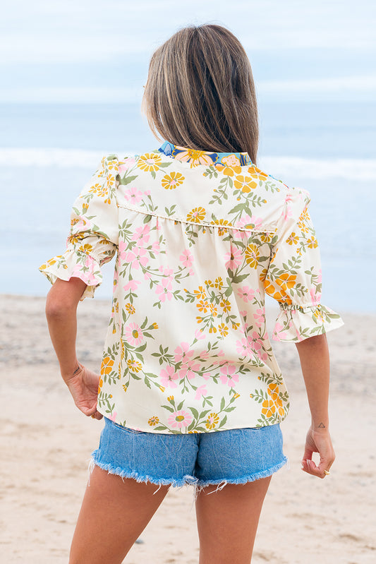 Multicolour Crochet V Neck Half Sleeve Boho Floral Blouse-Bella Boutique Collective