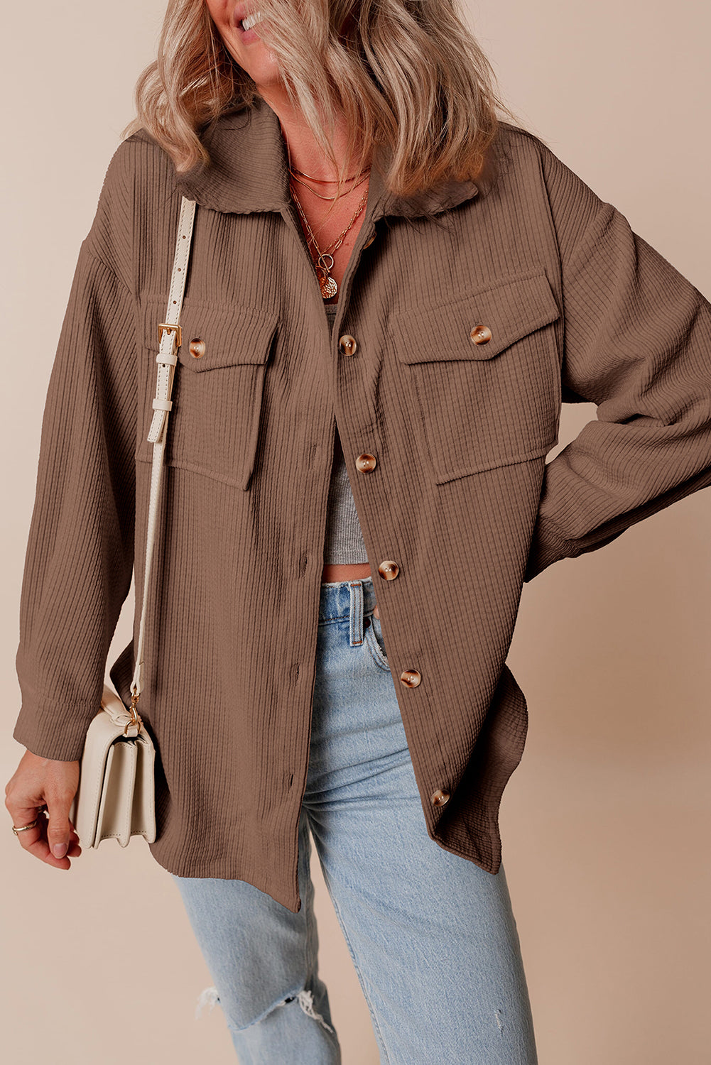 Chestnut Corduroy Flap Pocket Button Up Shacket-Bella Boutique Collective