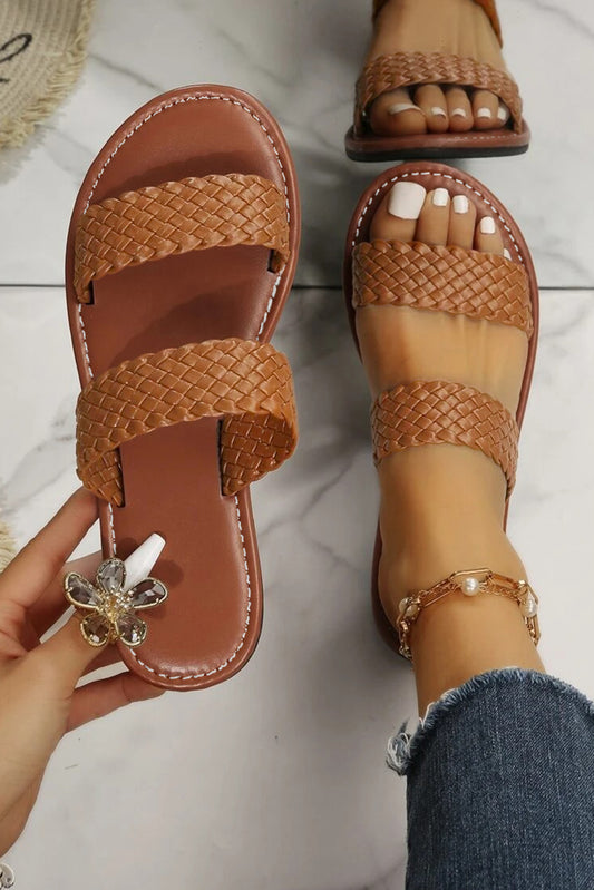 Chestnut Braided Double Band Leathered Flat Slippers-Bella Boutique Collective