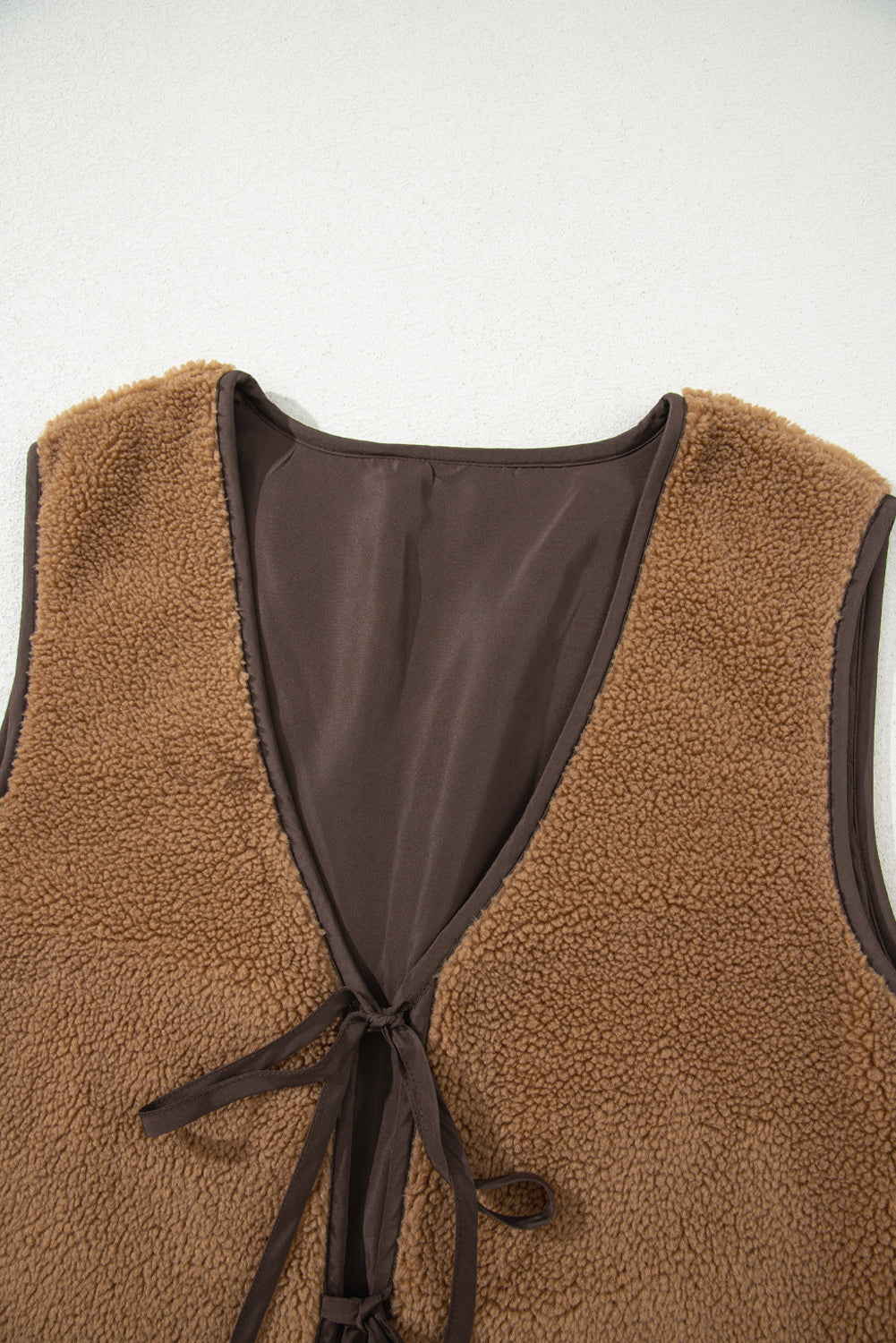 Light French Beige Contrast Trim Tie Front Sherpa Vest-Bella Boutique Collective