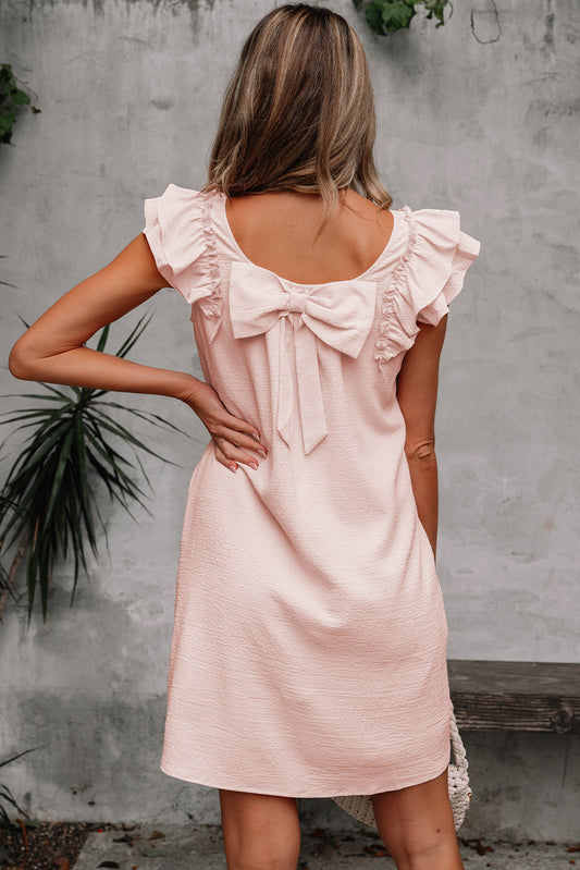 Light Pink Textured Flutter Sleeve Square Neck Bow Back Mini Dress-Bella Boutique Collective