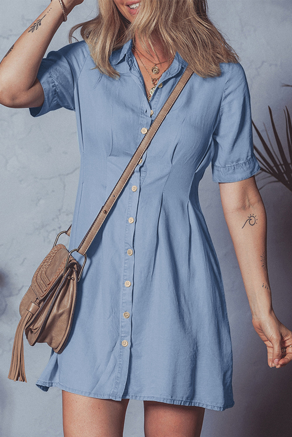 Myosotis Denim Pleated Slim Waist Short Sleeve Shirt Dress-Bella Boutique Collective