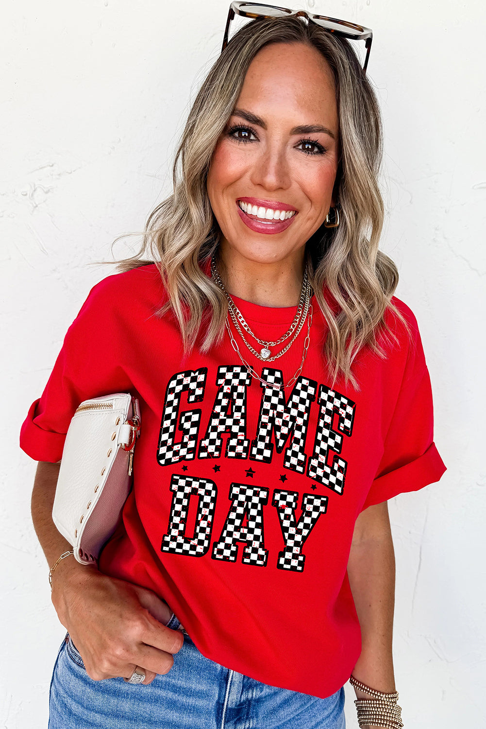 Red Checkered Game Day Graphic T Shirt-Bella Boutique Collective