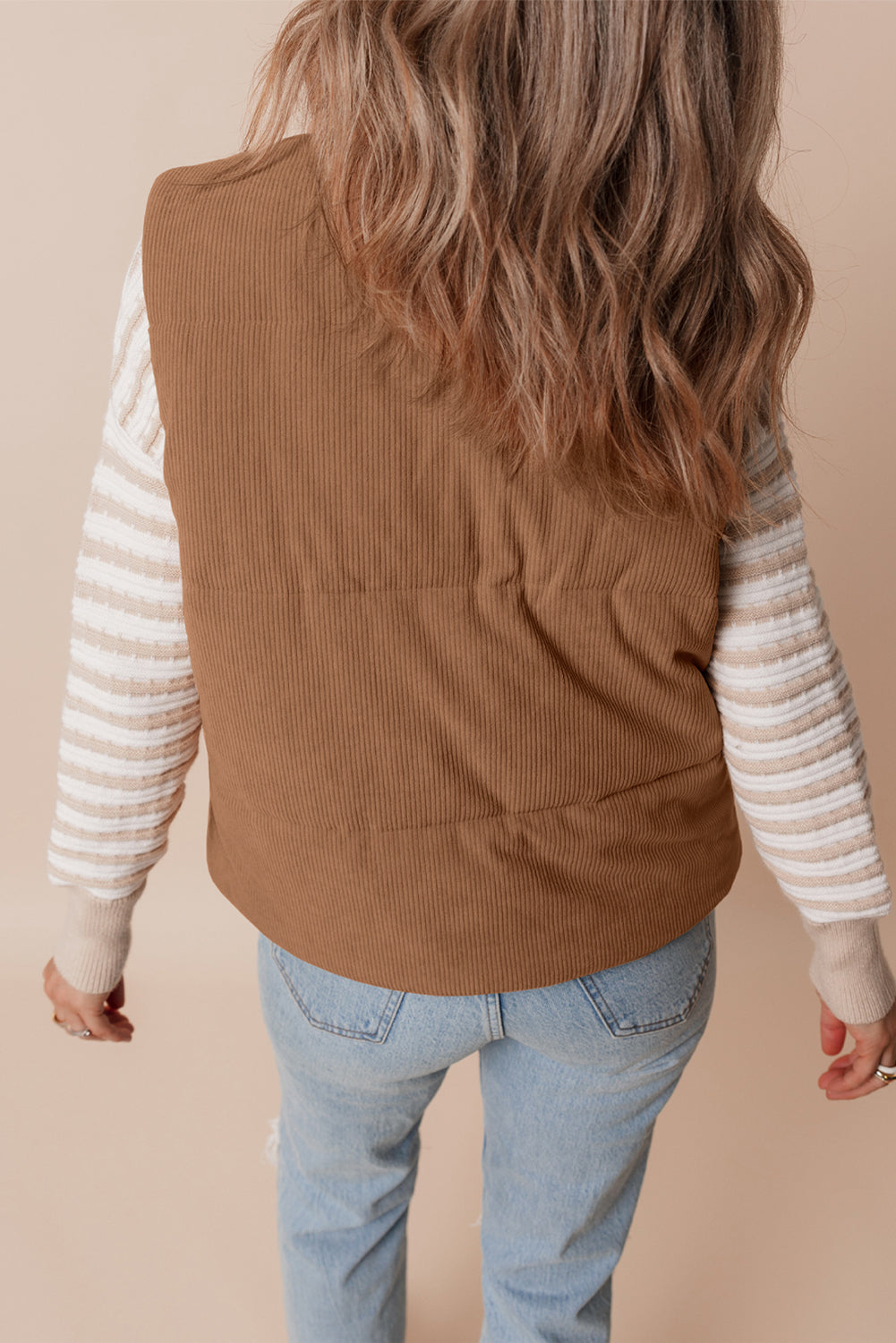 Coffee Corduroy Stand Neck Zipped Puffer Vest-Bella Boutique Collective