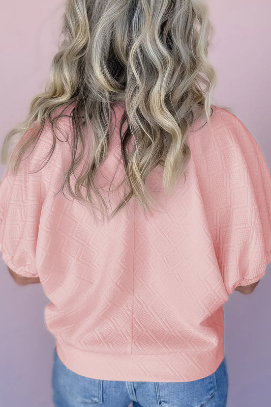 Light Pink Contrast Striped Collar Patchwork Textured Half Sleeve Blouse-Bella Boutique Collective