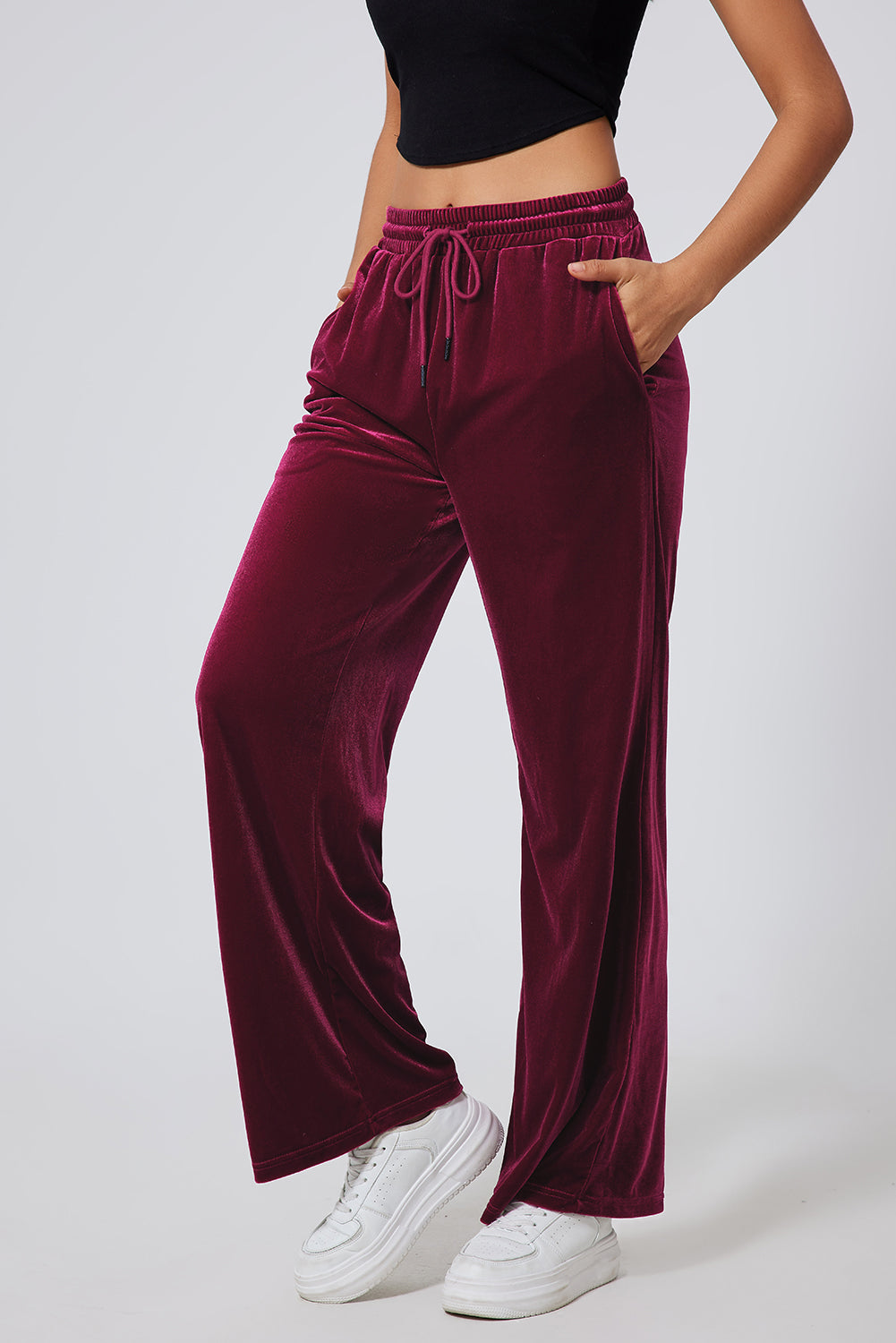 Burgundy Solid Drawstring Waist Wide Leg Pants-Bella Boutique Collective