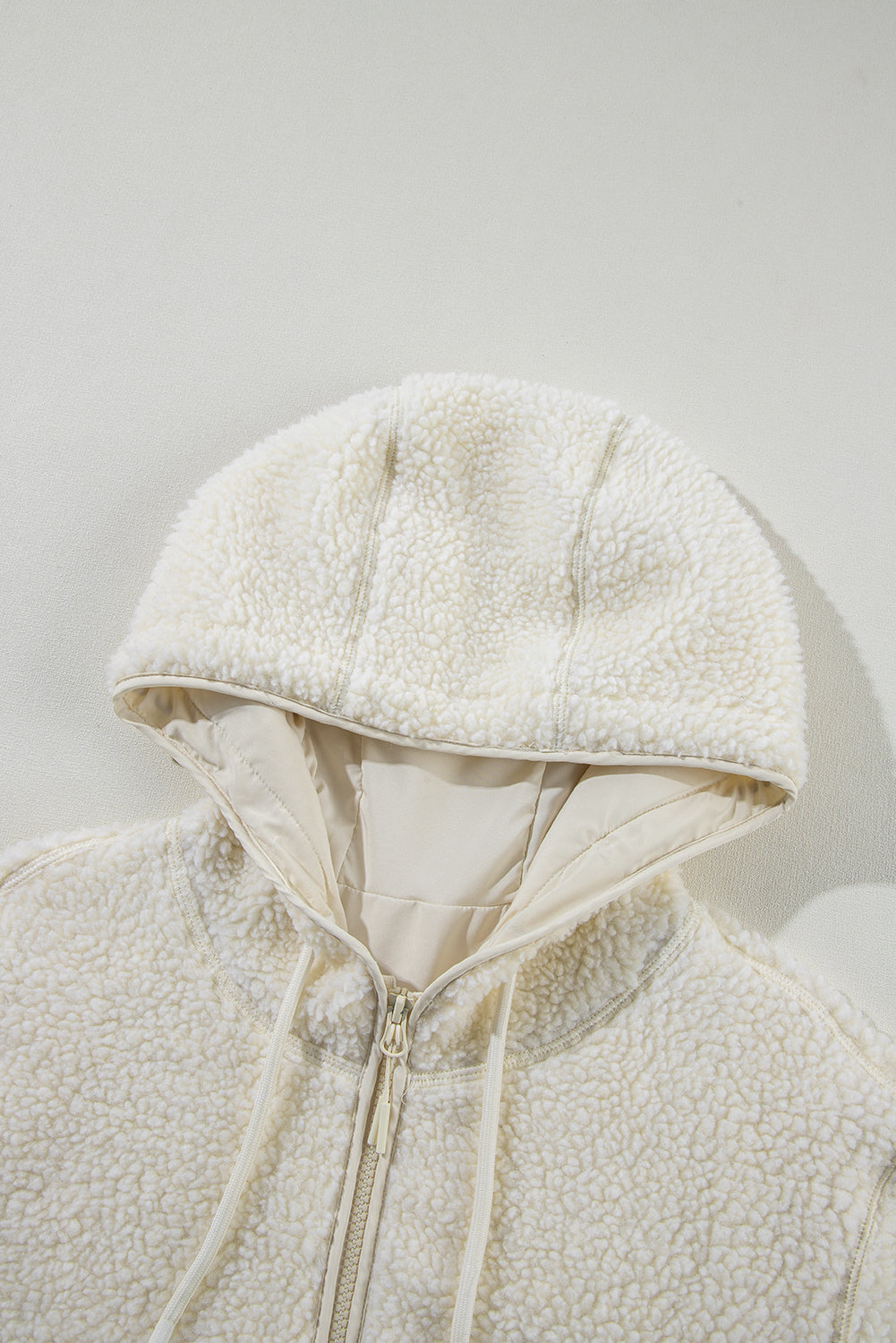 Beige Fleece Zip Up Drawstring Hooded Pocketed Jacket-Bella Boutique Collective