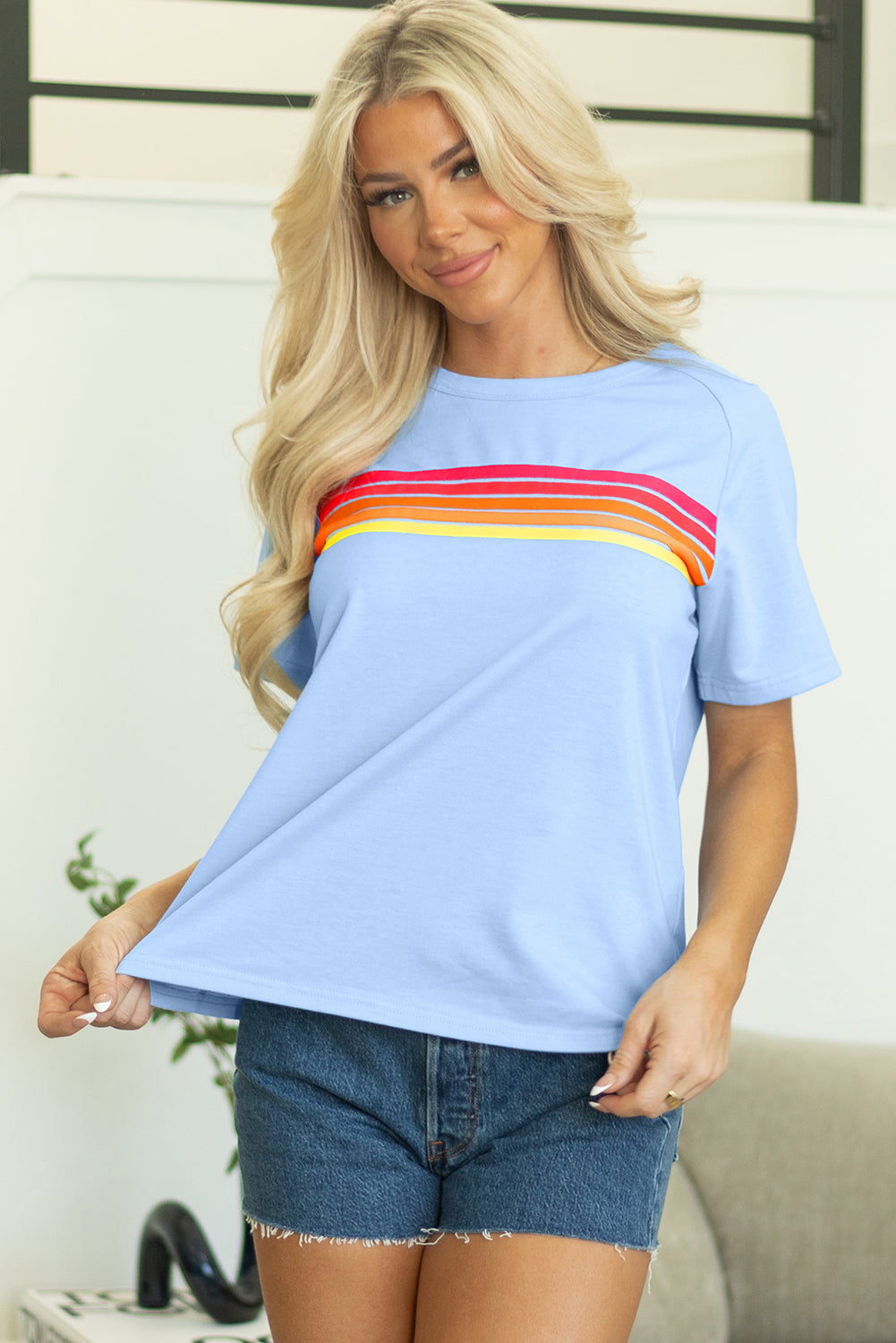 Beau Blue Striped Patch Front Casual Tee-Bella Boutique Collective