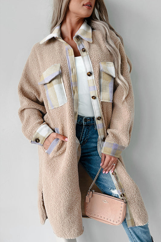Smoke Gray Plaid Patchwork Collared Button-up Sherpa Long Coat-Bella Boutique Collective
