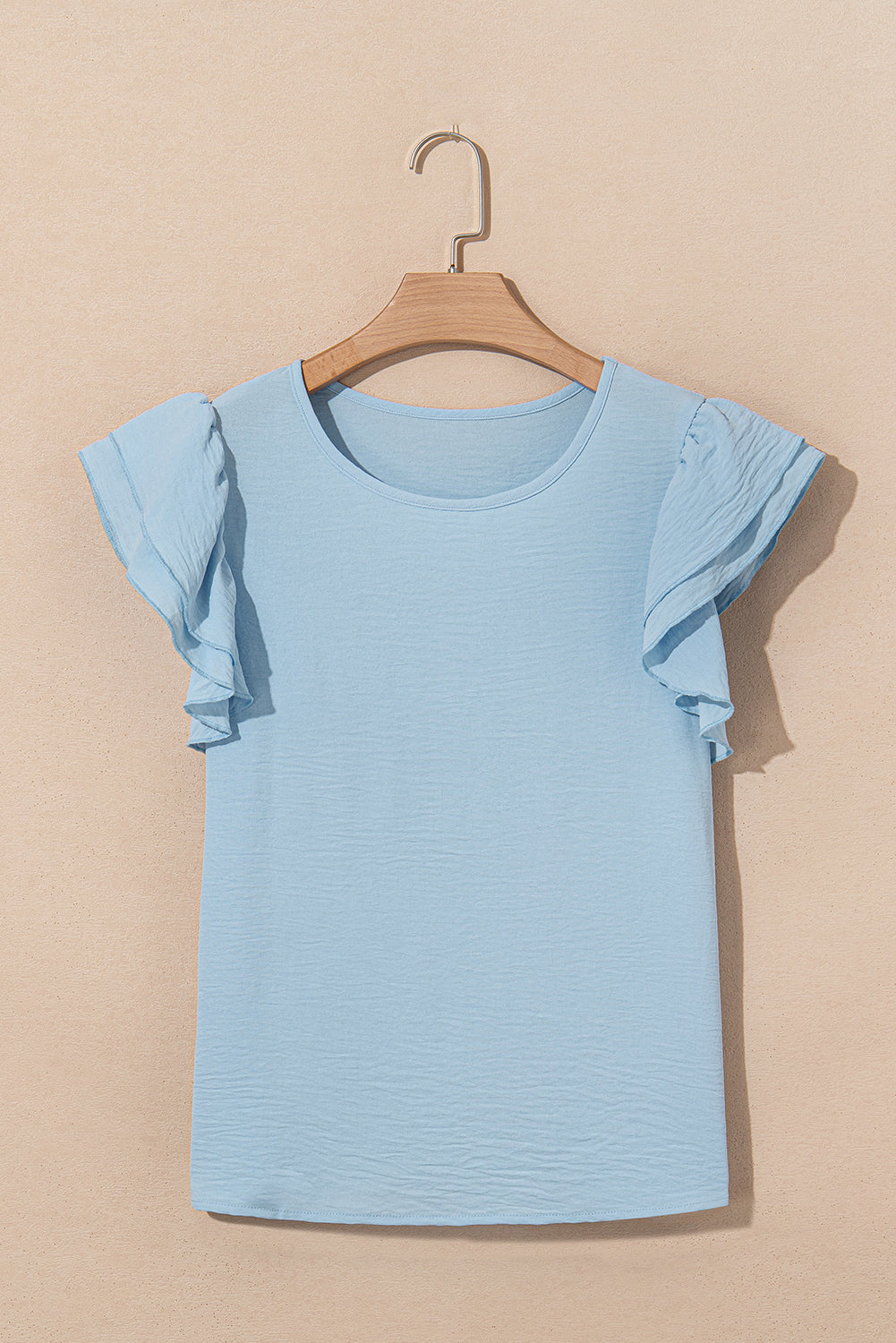 Mist Blue Solid Color Ruffled Short Sleeve Casual Blouse-Bella Boutique Collective