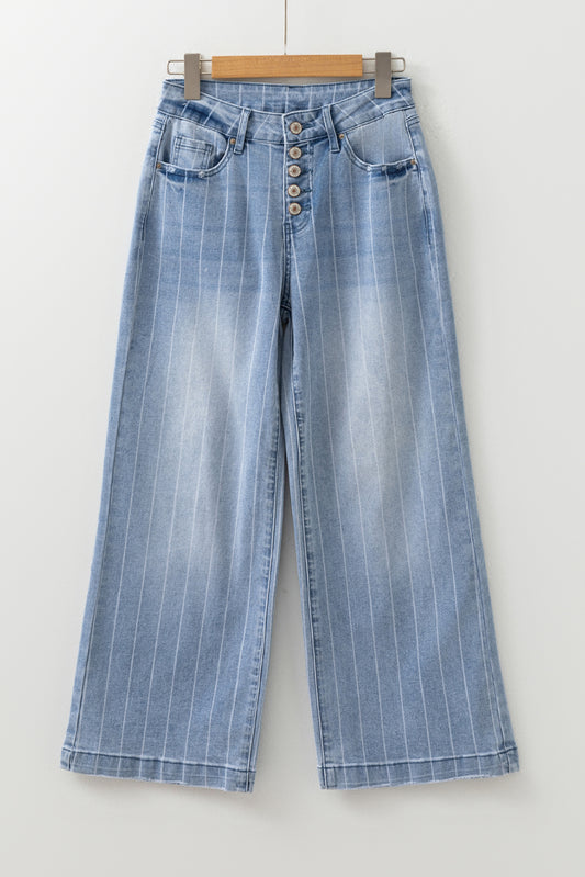 Beau Blue Multi Buttons Pinstripe Wide Leg Jeans-Bella Boutique Collective