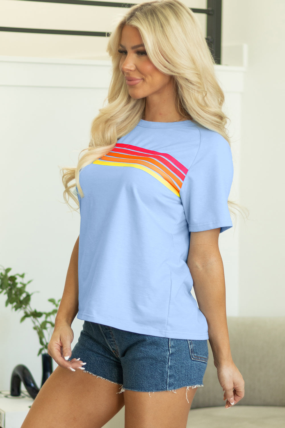 Beau Blue Striped Patch Front Casual Tee-Bella Boutique Collective