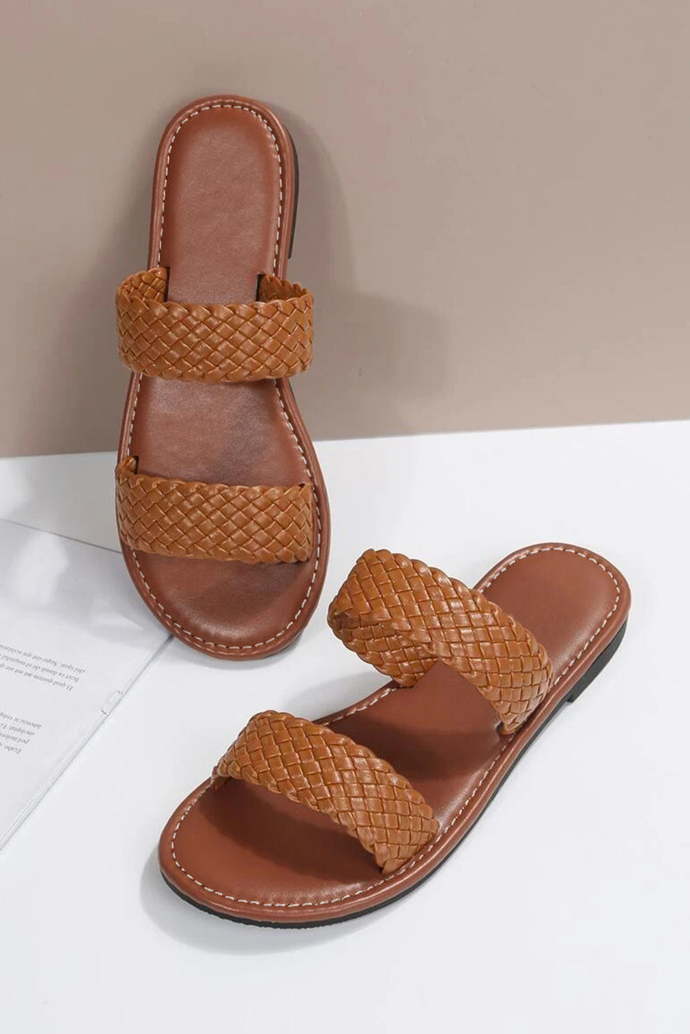 Chestnut Braided Double Band Leathered Flat Slippers-Bella Boutique Collective