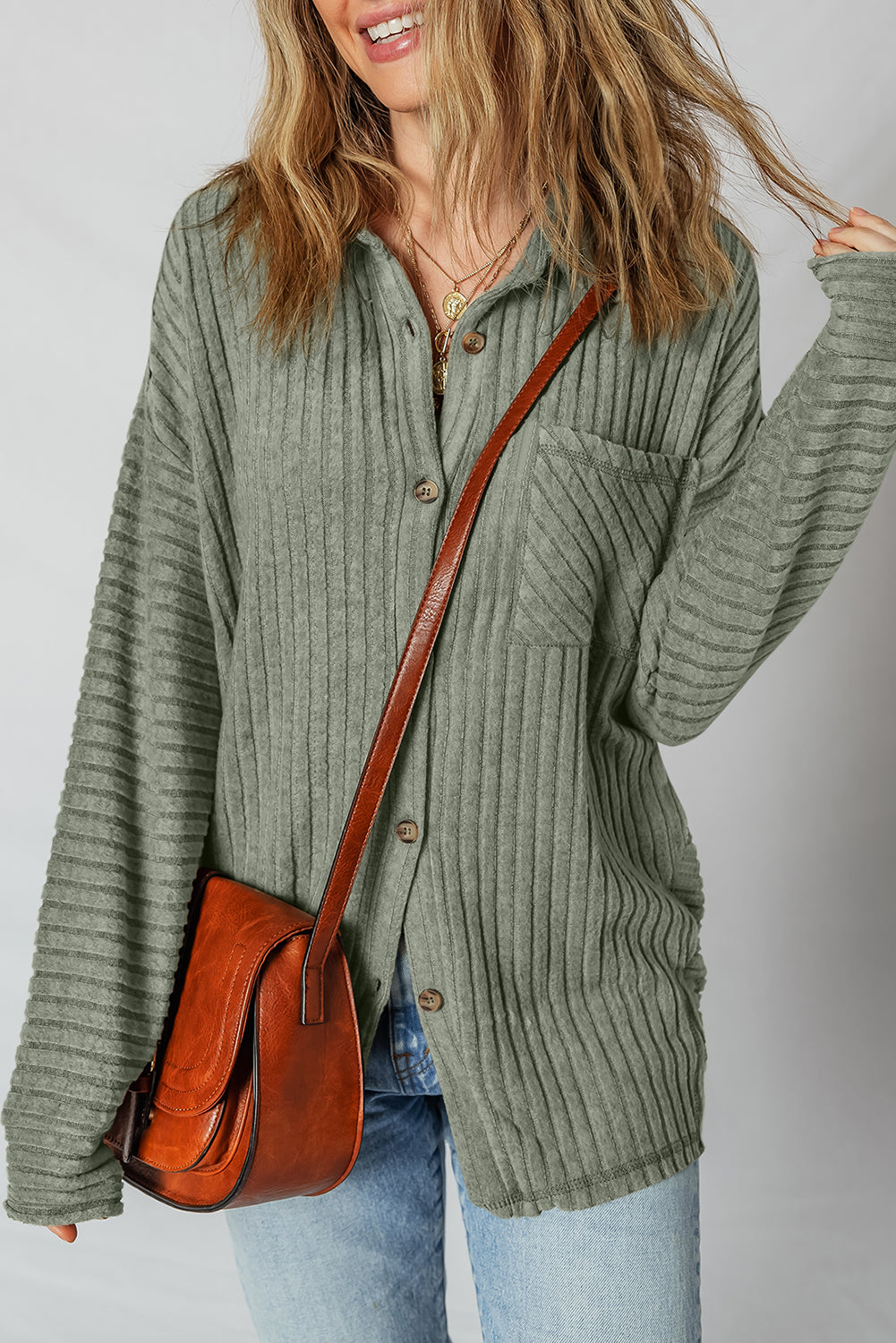 Mist Green Thermal Ribbed Texture Drop Shoulder Button Up Shacket-Bella Boutique Collective