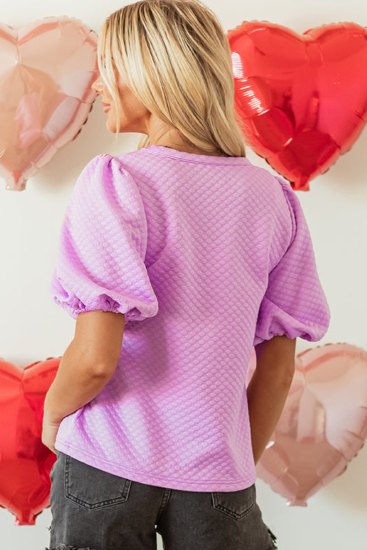 Phalaenopsis Solid Textured O Neck Puff Sleeve Blouse-Bella Boutique Collective
