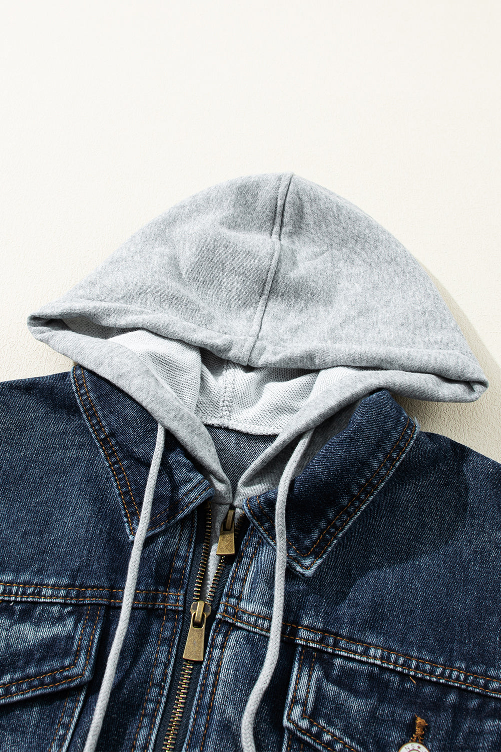 Dark Blue Fake Two-Piece Hooded Zip-Up Denim Jacket-Bella Boutique Collective