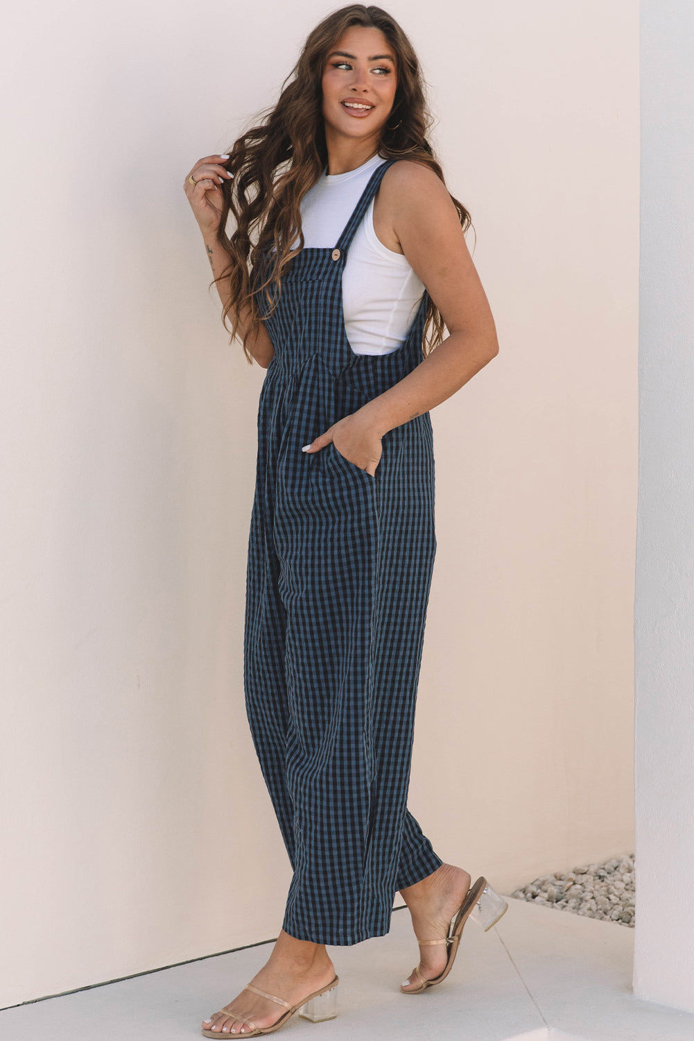 Sail Blue Plaid Print Buttoned Pocketed High Waist Overall-Bella Boutique Collective