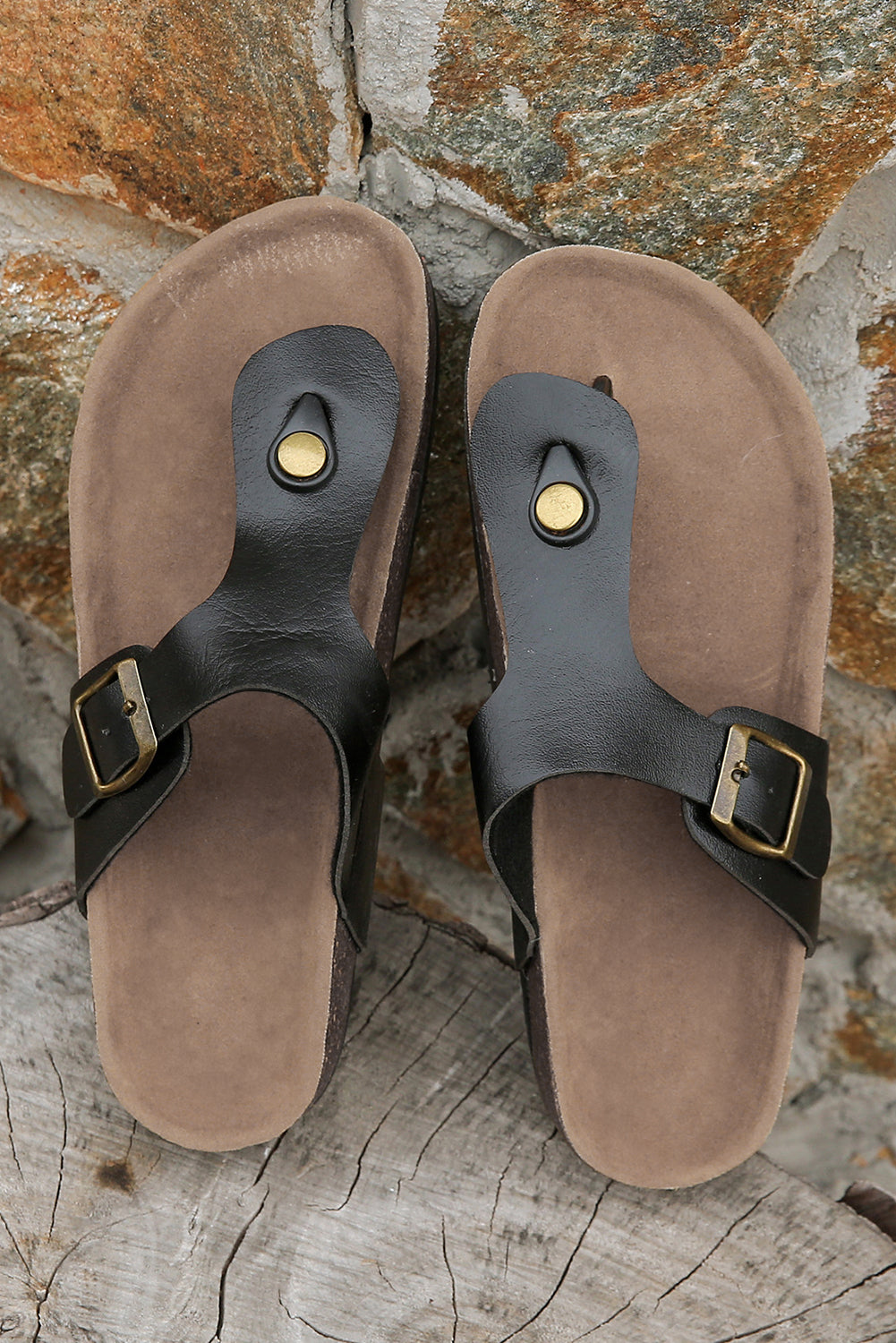 Black Vintage Buckle PU Leather Thong Slippers-Bella Boutique Collective