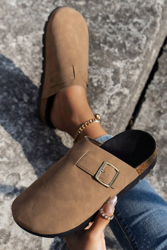 Light French Beige Suede Buckle Detail Slippers-Bella Boutique Collective